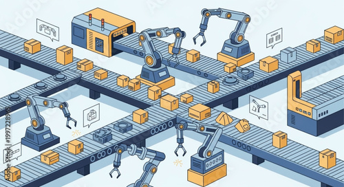 Automated Factory Production Line with Robotic Arms and Conveyor Belts.