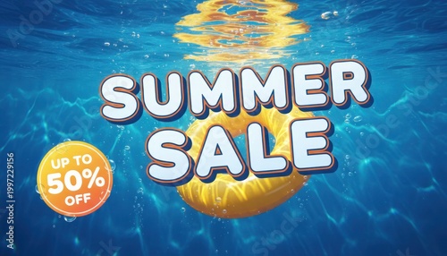 Summer Sale banner with underwater pool background, seasonal discount promotion with 50 percent off, yellow swim ring in blue water