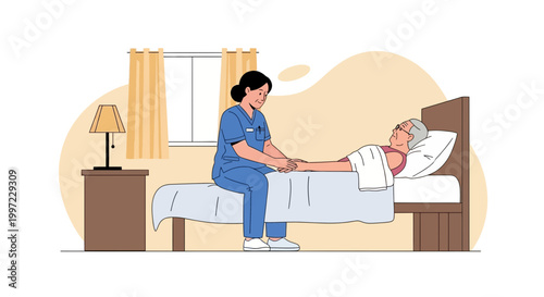 Caring nurse holding patient's hand in hospital room, comforting elderly woman in bed