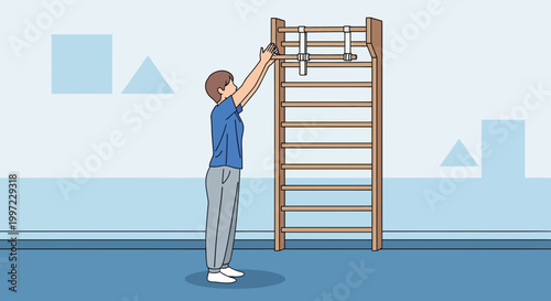 Child doing pull-ups on a wall-mounted ladder in a gym, promoting physical fitness and strength.