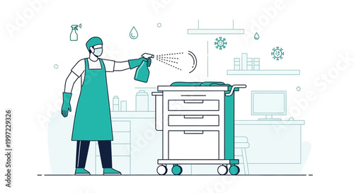 Cleaner in protective gear sanitizing a room, preventing virus spread