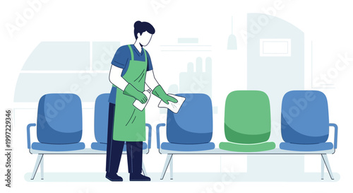 Cleaner sanitizing chairs in a waiting room, hygiene and disinfection concept