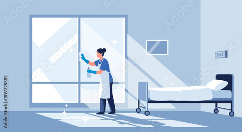 Cleaner sanitizing hospital room window, sunlight streaming in, bed ready for patient