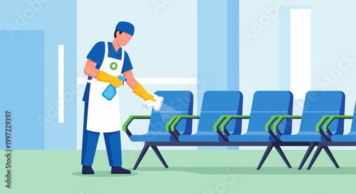 Cleaner sanitizing waiting room chairs with disinfectant spray for hygiene and safety