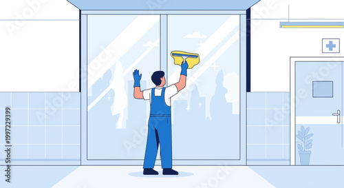 Cleaner washing a hospital window, reflecting people inside