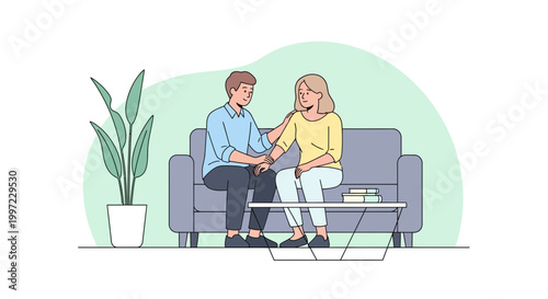 Couple comforting each other on sofa, emotional support, empathy, understanding, relationship help