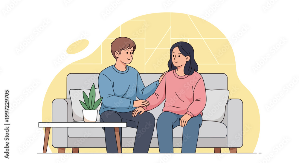 Fototapeta premium Couple Sitting On Sofa, Comforting Each Other With Gentle Touch And Supportive Gesture