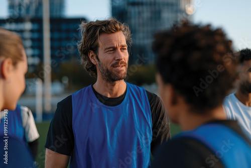 A charismatic coach leads a group of athletes during an outdoor practice, emphasizing teamwork and personal growth in the pursuit of sports excellence and enjoyment.