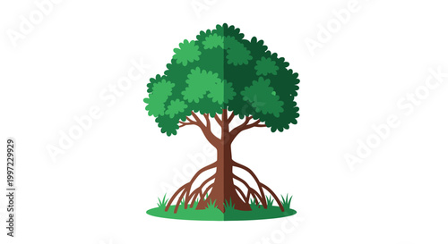 Tree with roots and green leaves.