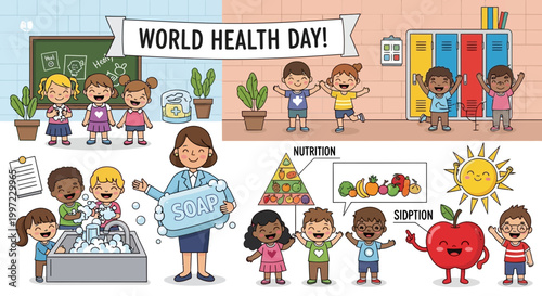 Engaging children in comprehensive health education, promoting good hygiene, balanced nutrition, and active lifestyles for their overall well-being and growth