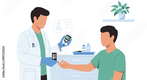 Doctor checking patient's blood sugar level with glucometer in clinic
