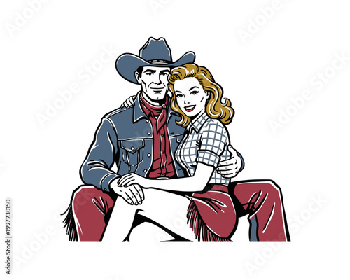 Cowboy and girl vintage artwork for t shirt. Retro style western couple design. Rodeo themed design. Western vintage artwork. T shirt print design.
