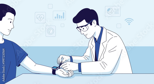 Doctor checking patient's smartwatch for health monitoring and data analysis in clinic