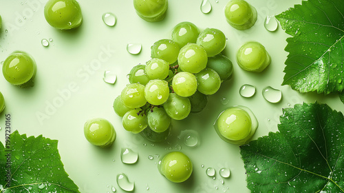 Flat-Lay Close-Up of Fresh Green Grapes with Water Droplets, Representing the Natural Texture and Fresh Visual Themes of Organic Fruits and Healthy Ingredients