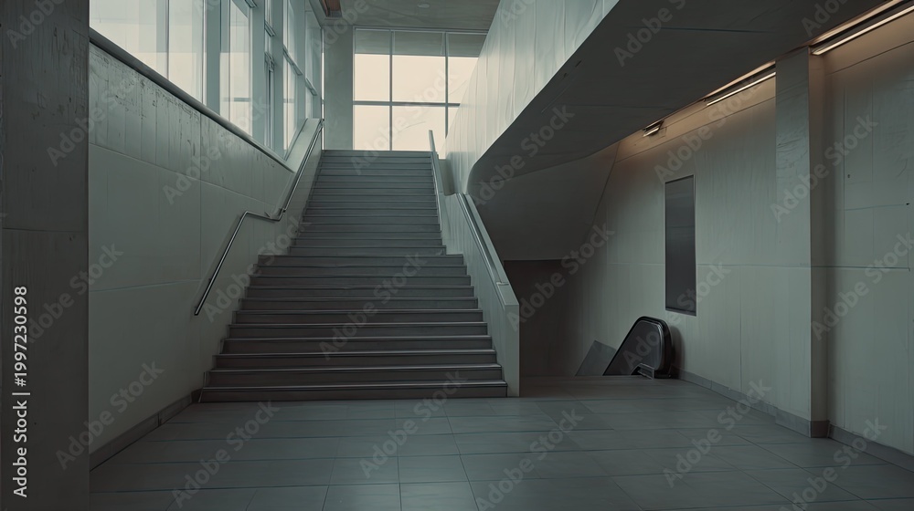 Obraz premium Empty concrete staircase ascending towards large bright windows in a modern minimalist transit station building, symbolizing progress, future, and upward movement