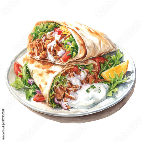 Watercolor painting of Shawarma Plate, detailed and artistic vector illustration on a white background.