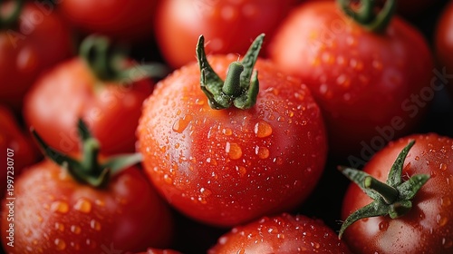Macro Close-Up of Fresh Red Tomatoes with Water Droplets, Representing the Natural Texture and Freshness of Organic Vegetables and Healthy Ingredients