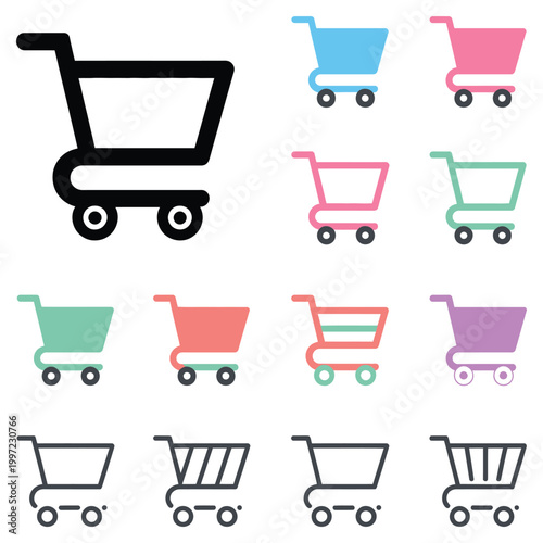 shopping cart icon set, colorful vector symbols of full and empty carts and baskets for ecommerce, retail checkout, online store interface design, modern ui elements.