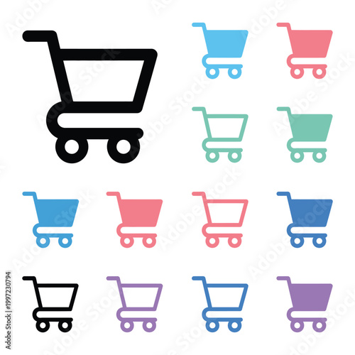 shopping cart icon set, colorful vector symbols of full and empty carts and baskets for ecommerce, retail checkout, online store interface design, modern ui elements.