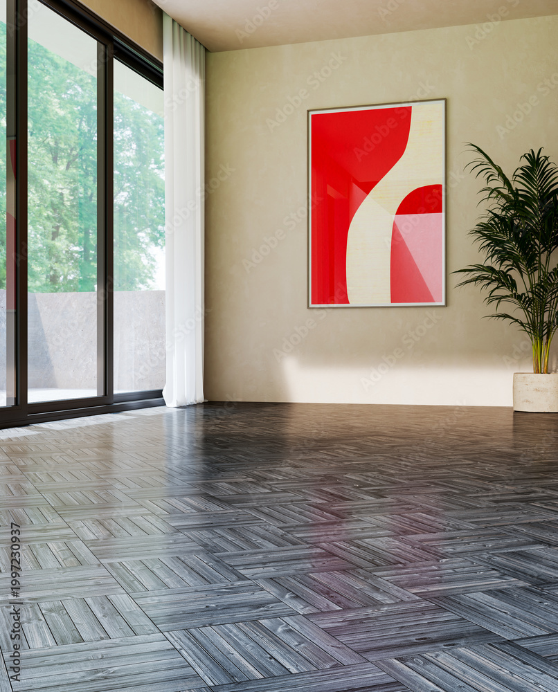 Obraz premium 3D render, illustration Luxury modern living room interior, realistic lighting, wide angle, contemporary furniture, clean lines, minimalist decor, elegant home design, large window