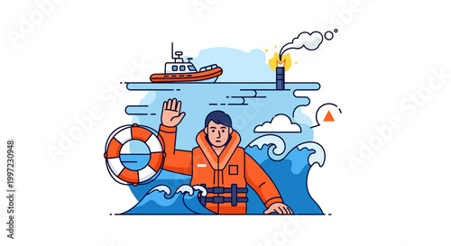 Man in orange life jacket waves.