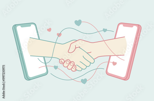 Remote Collaboration Hands Connecting Through Smartphones with Hearts and Lines on a pastel green background