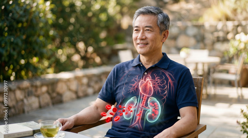 An older person contemplates the significance of healthy organs, he wears a shirt with an internal organ visual.