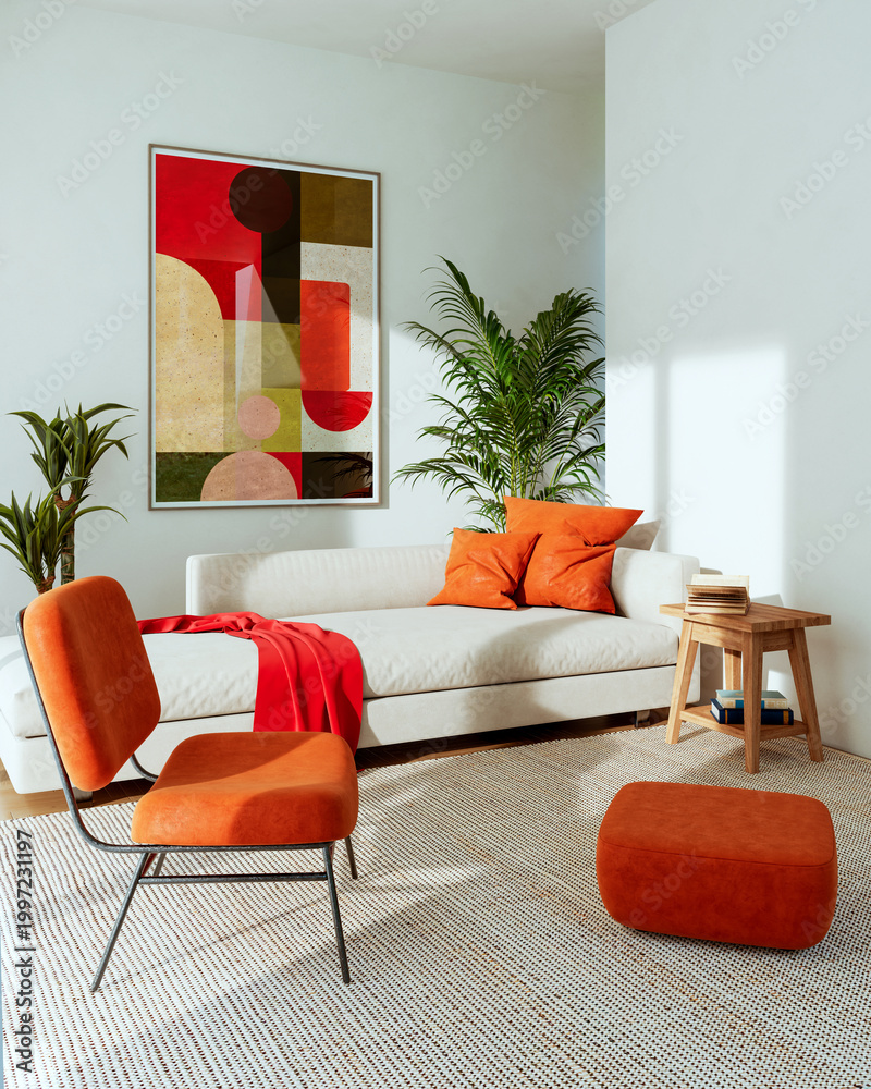 Obraz premium 3D render, illustration Luxury modern living room interior, realistic lighting, wide angle, contemporary furniture, clean lines, minimalist decor, elegant home design, large window