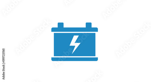 Blue Car Battery With Lightning Bolt.
