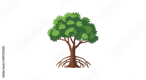 Tree with green leaves and roots.