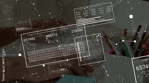Typing hands opening HUD overlays, nodes linking, panels shifting, numbers updating, showing data