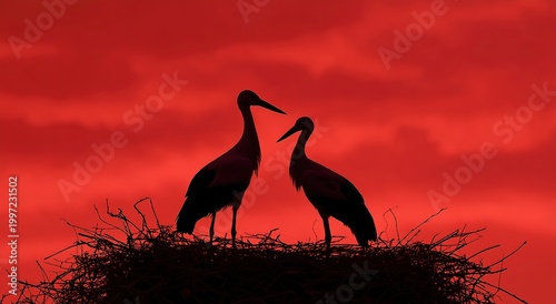 Silhouette of Two Storks in a Nest Against a Red Sunset Sky, Representing the Visual Themes of Nature, Wildlife and Romantic Natural Landscapes