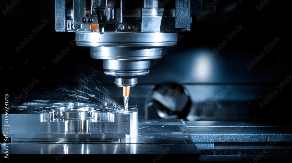 Naklejka premium CNC machining center produces precision metal component with cutting tool during operation