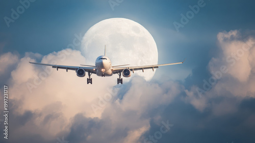 Jet airplane flies in clear sky with large moon creating striking scene at night