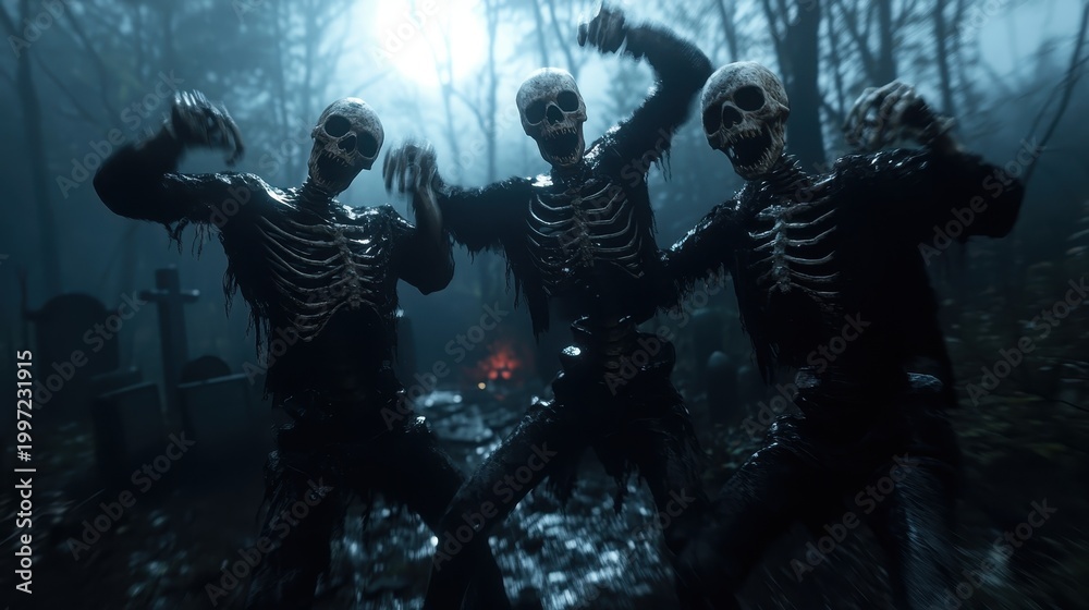 Fototapeta premium Three playful skeletons dance in a foggy, spooky forest, merging humor with the macabre, illustrating a whimsical take on life and death within an eerie setting.