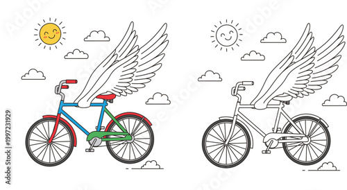 Flying bicycle with wings in the sky with sun and clouds, colorful and outline coloring page version, creative transportation concept vector illustration for kids and hobby activities.