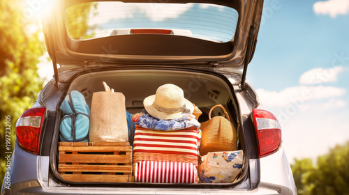 Packed car trunk ready for summer road trip with travel bags and picnic supplies on sunny day