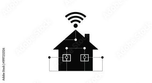 Smart home technology icon with wifi signal and network nodes silhouette, internet of things (IoT) and automation symbol for modern housing.