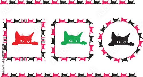 Set of frames and borders made of cute peeking cats