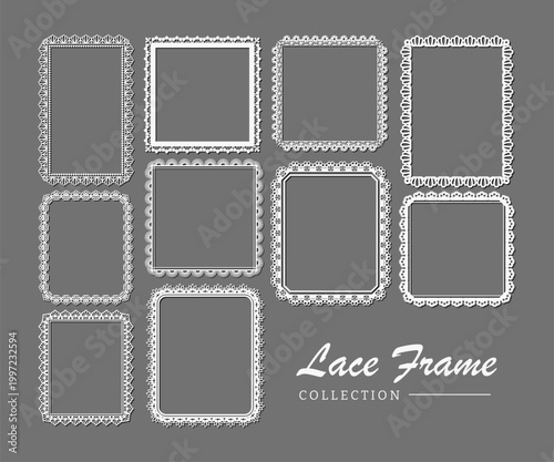 Set of Decorative white rectangle doily border, Vintage round lace paper doily frame, Paper Cutout Design, paper cutting, laser cut square frames. cute template for baby shower, wedding scrapbooking.