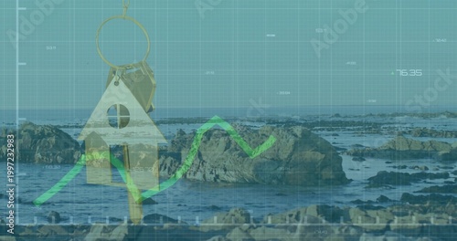 Hanging house keychain with keys floating over rocky low-tide coast, showing green trend overlay