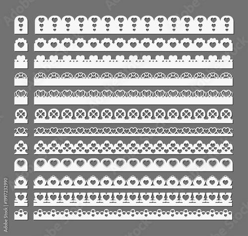 Set of decorative white love lace border doily border, Vintage round lace paper doily frame, Paper Cutout Design, paper cutting, laser cut square frames. cute template for wedding scrapbooking.