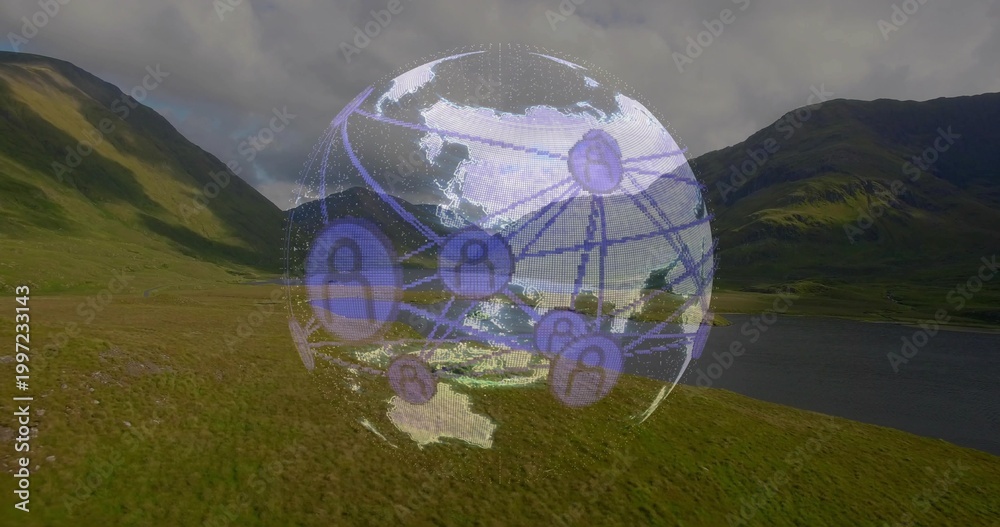 Fototapeta premium Hovering purple digital globe showing nodes over grassy valley, lake at right, cloudy mountains