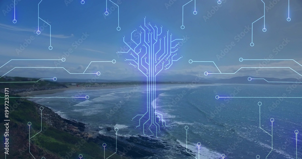Fototapeta premium Showing central treelike circuit overlay with nodes rising over bay with grassy cliffs, rocky shore