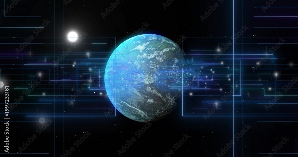 Fototapeta premium Displaying central Earthlike planet orbiting through neon grid in deep space, with glowing nodes