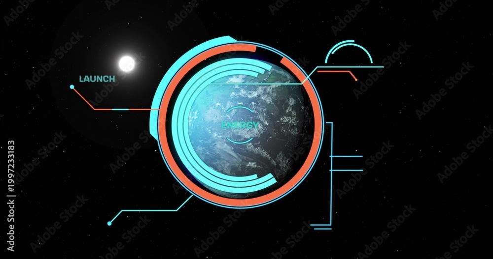 Fototapeta premium Displaying Earth-like planet rotating in spacecraft HUD with cyan rings, launch label, star