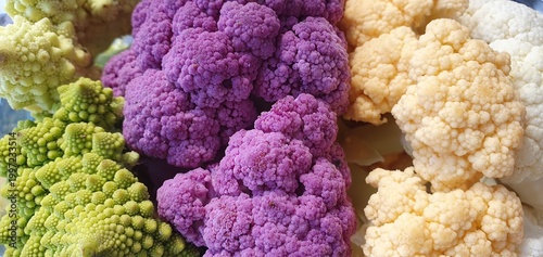 Different types of cauliflower. Yellow, green, and purple cauliflower close-up. Multicolored cauliflower. Broccoli. Vitamins and vegetables. Vitamin complex, healthy nutrition.
