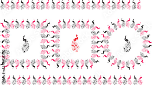 Seamless borders and frames made of decorative peacock silhouettes