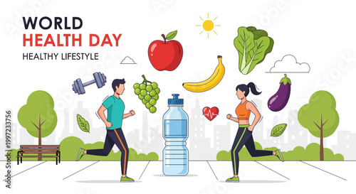 World Health Day celebration with healthy lifestyle activities and nutritious food symbols promoting wellness and fitness for global health awareness