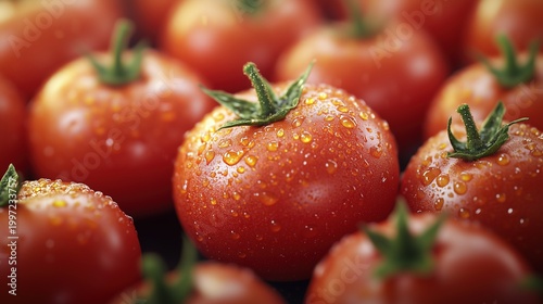 Macro Close-Up of Fresh Red Tomatoes with Water Droplets, Representing the Natural Texture and Freshness of Organic Vegetables and Healthy Ingredients
